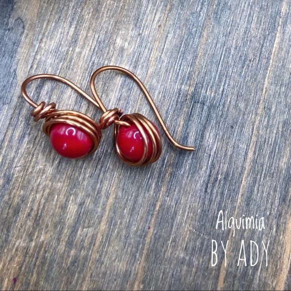 Copper and Coral studs wire wrap statement drops earrings - Picture 2 of 2